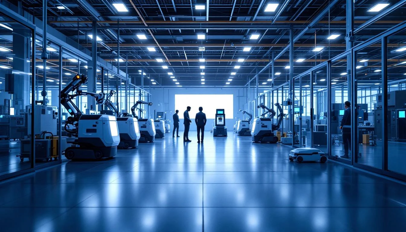 Factory floor with 5G-enabled IoT devices and wireless connectivity