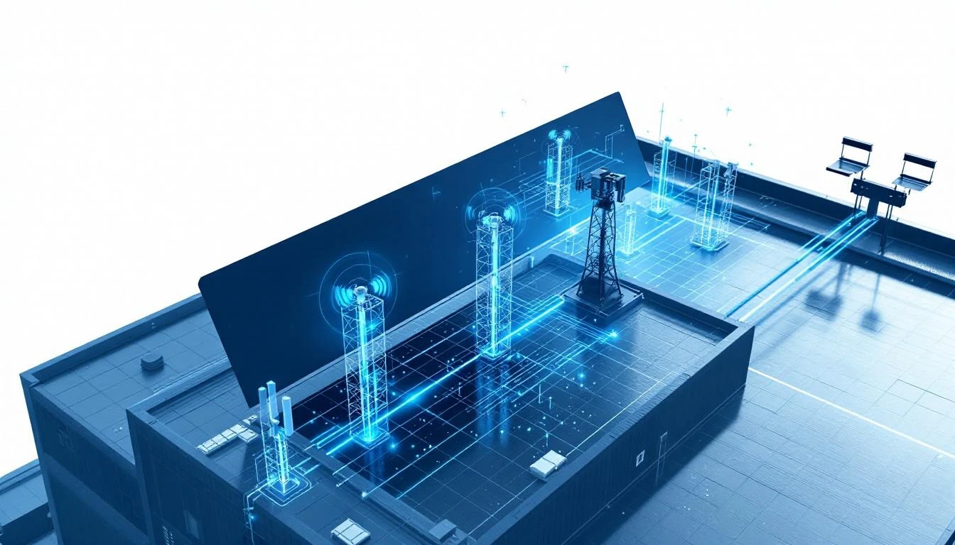 5G antenna array on factory rooftop with IoT mesh visualization