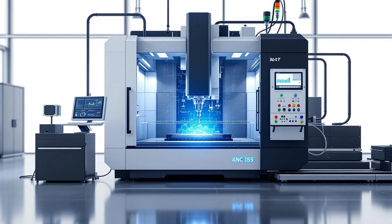 Aerospace manufacturing CNC machining center with IoT monitoring sensors