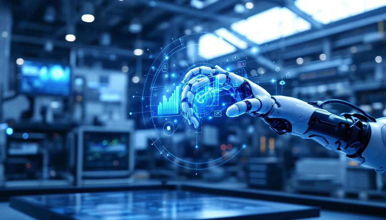 AI-powered robot arm analyzing data in a modern manufacturing plant