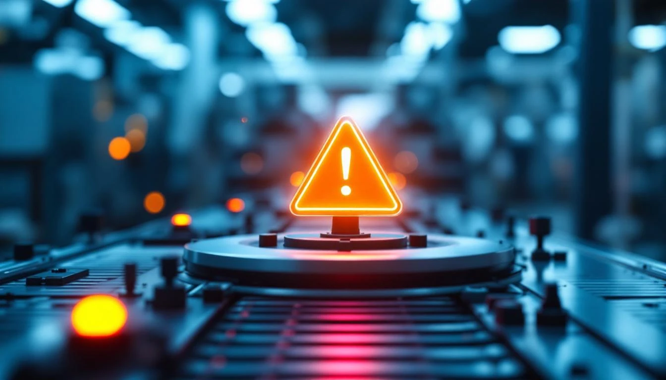 Manufacturing production line with warning lights showing equipment failure impact