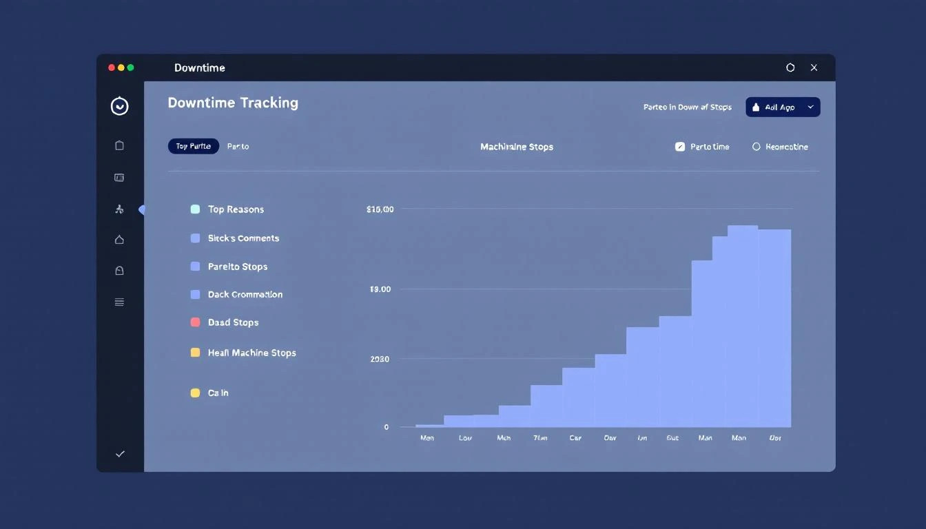 Downtime tracking dashboard with Pareto chart showing top reasons for machine stops