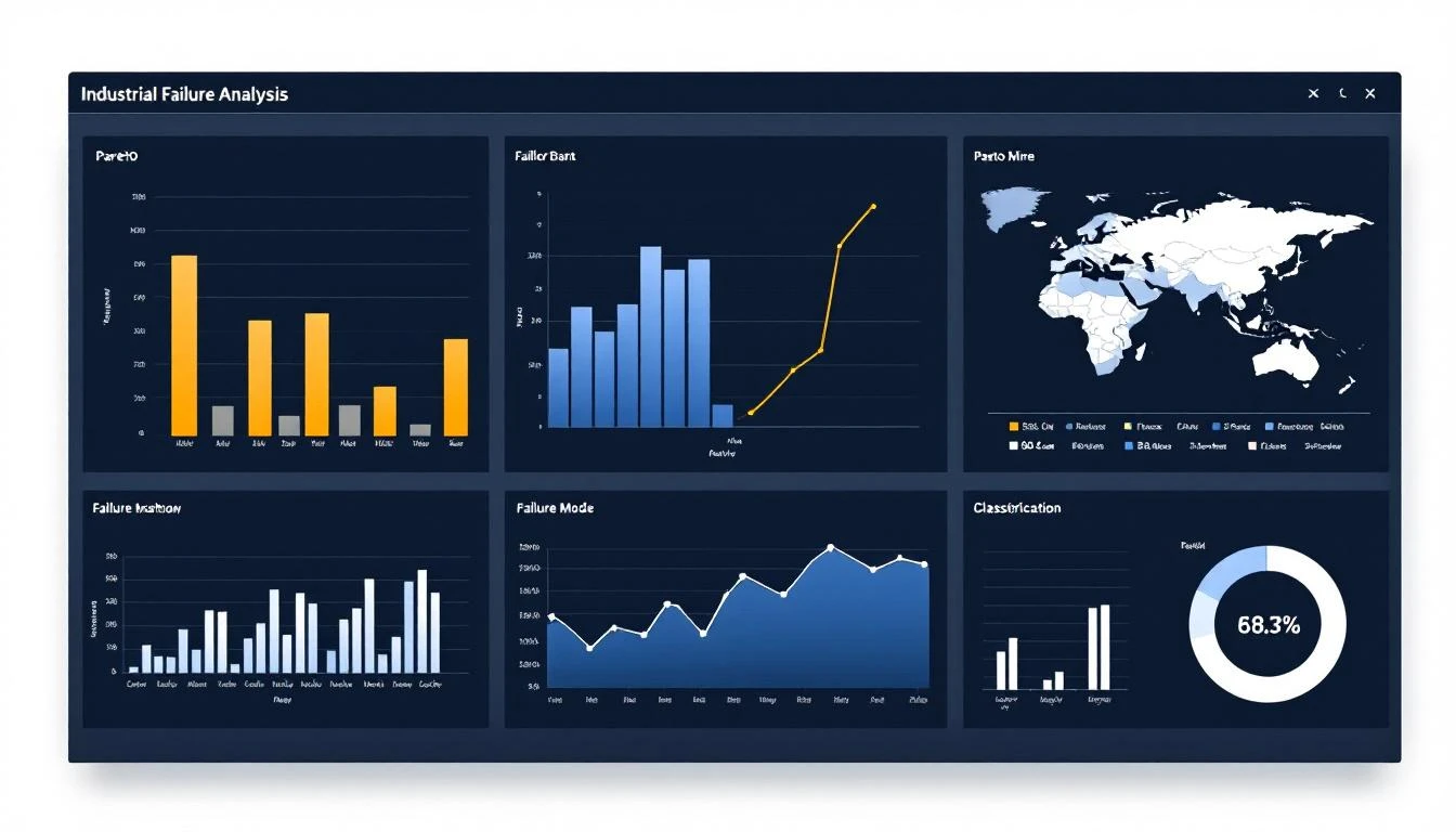 Equipment failure analysis dashboard showing breakdown patterns and root cause data