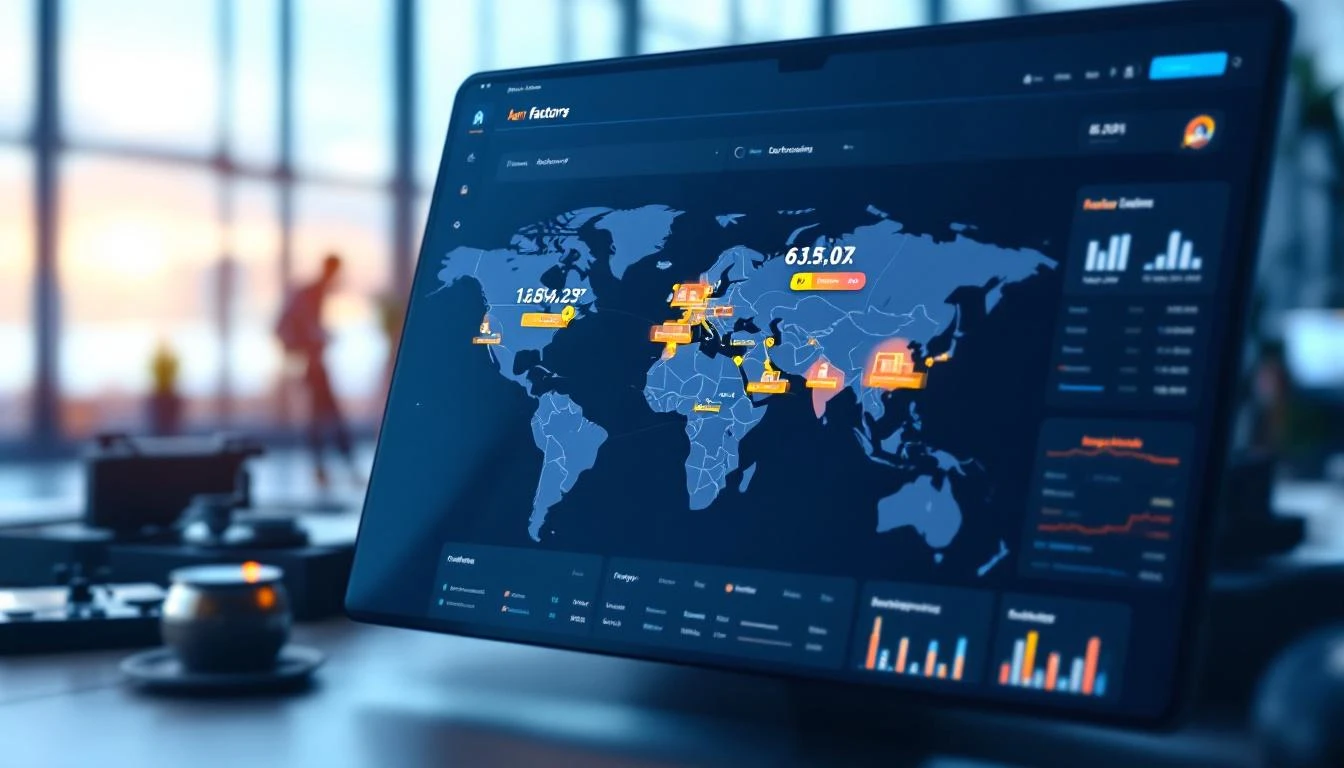 Multi-site manufacturing fleet management dashboard with map showing factory locations and machine statuses