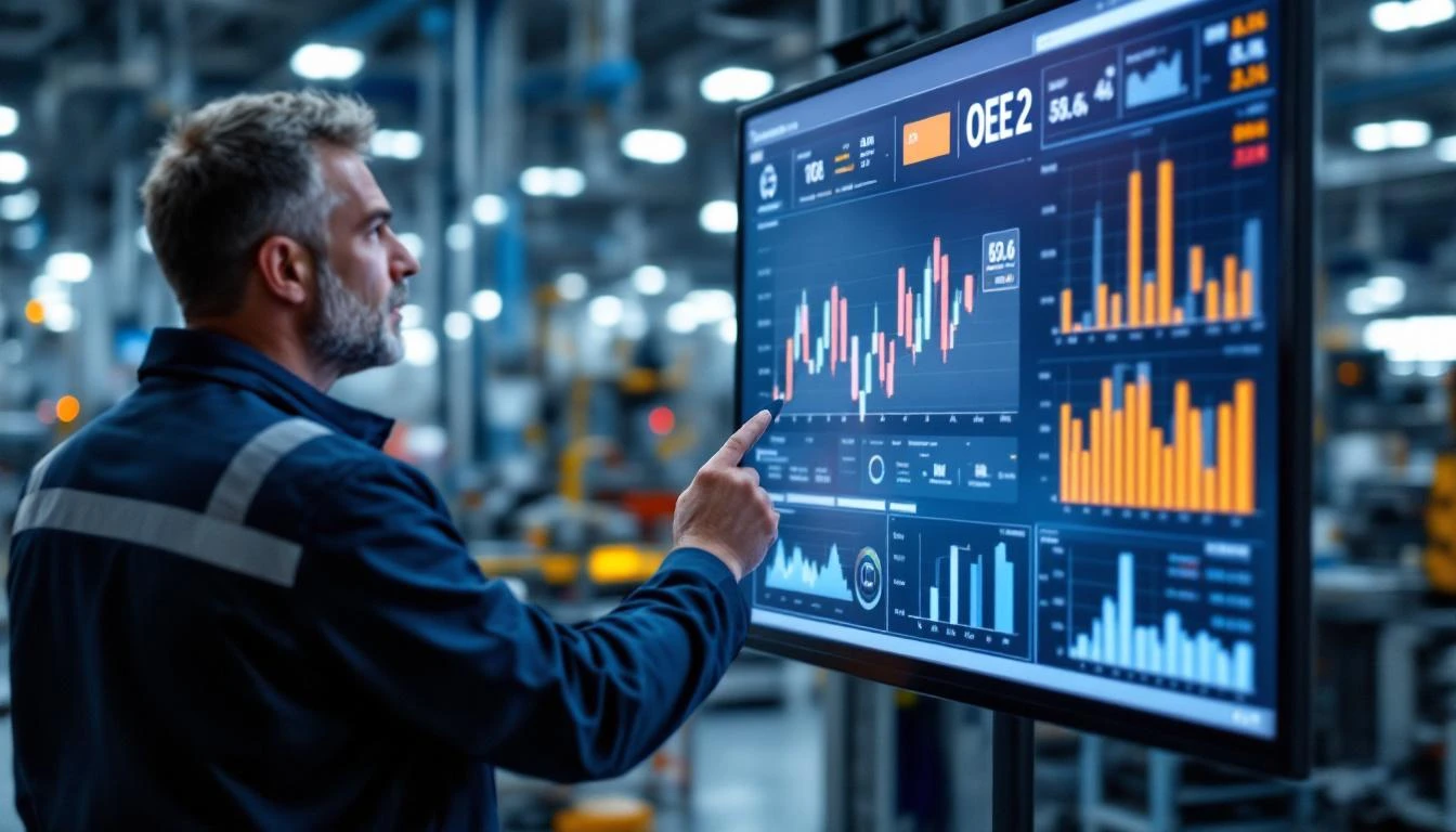 Plant manager reviewing OEE metrics on digital display