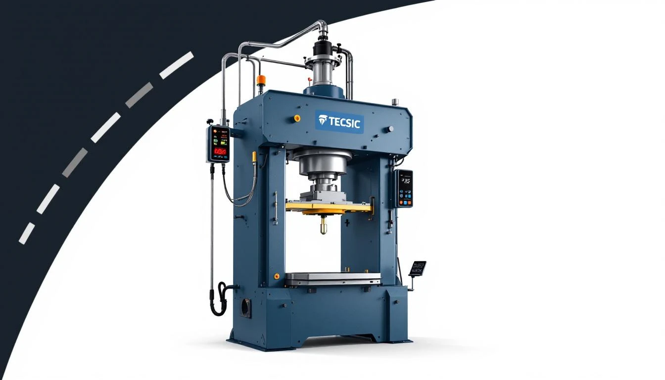 Industrial hydraulic press system with IoT sensors monitoring pressure and temperature