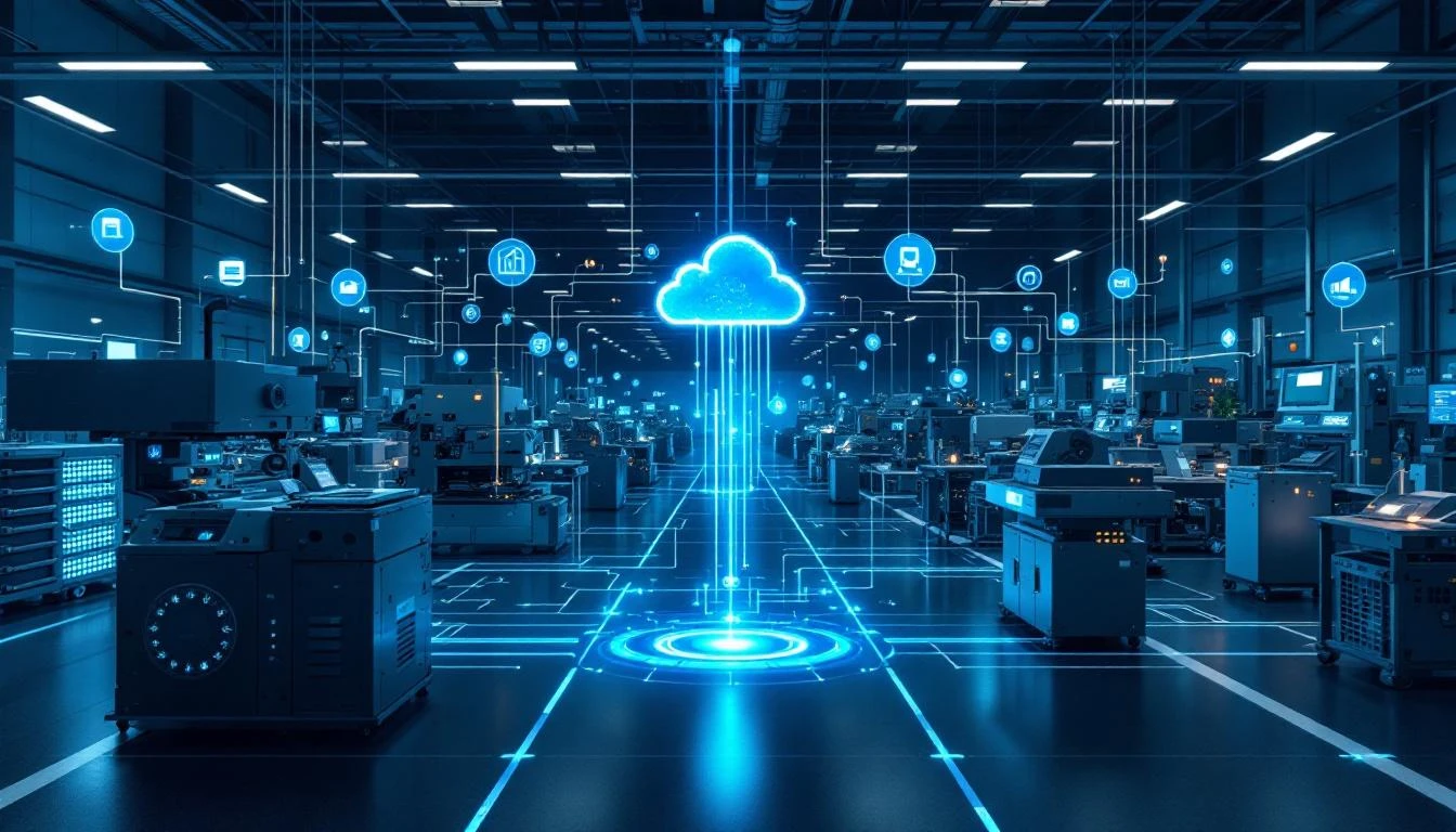 Manufacturing plant with connected machines and IoT sensors streaming data to cloud analytics