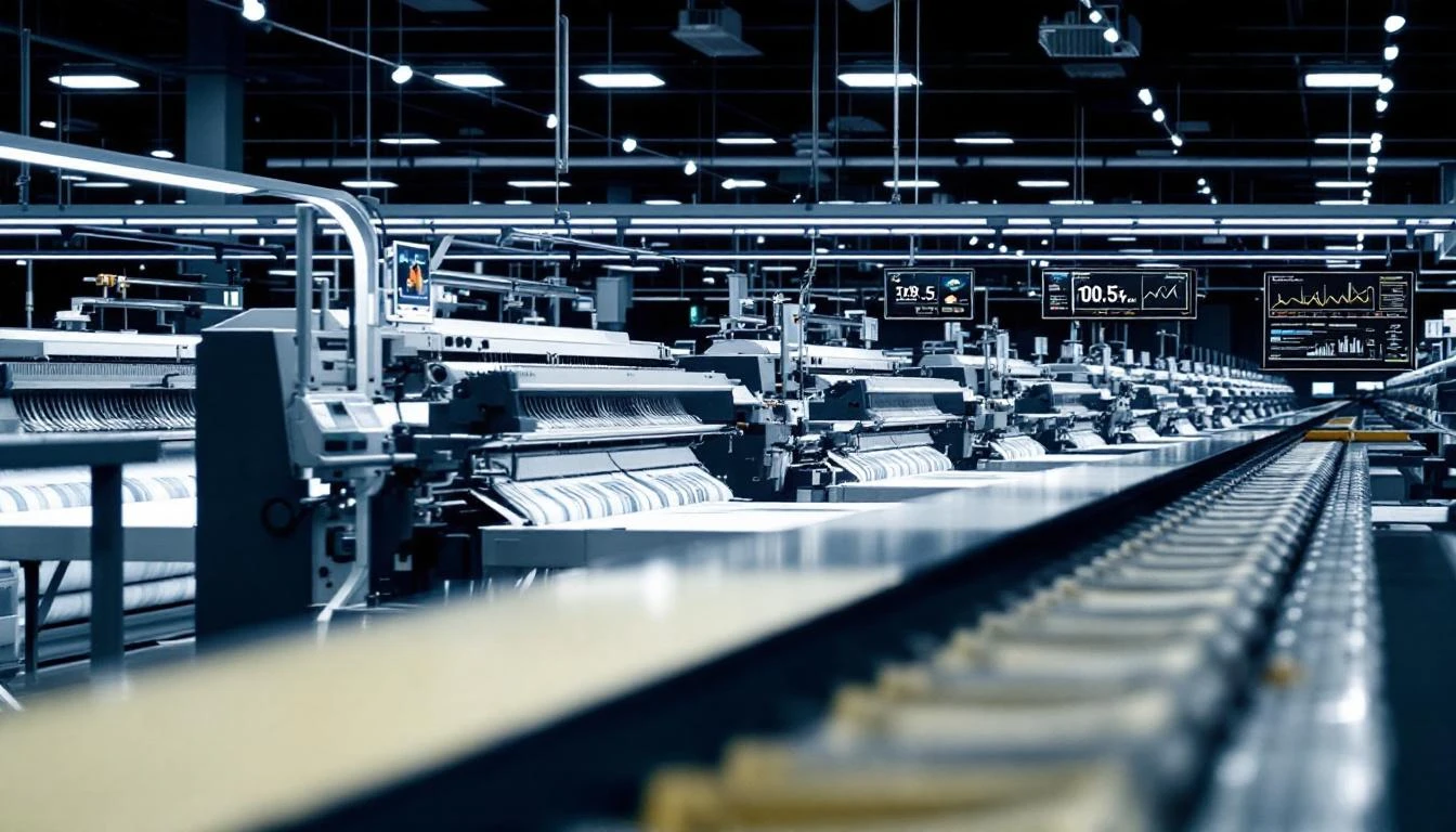 Modern textile factory with IoT monitoring screens showing production metrics