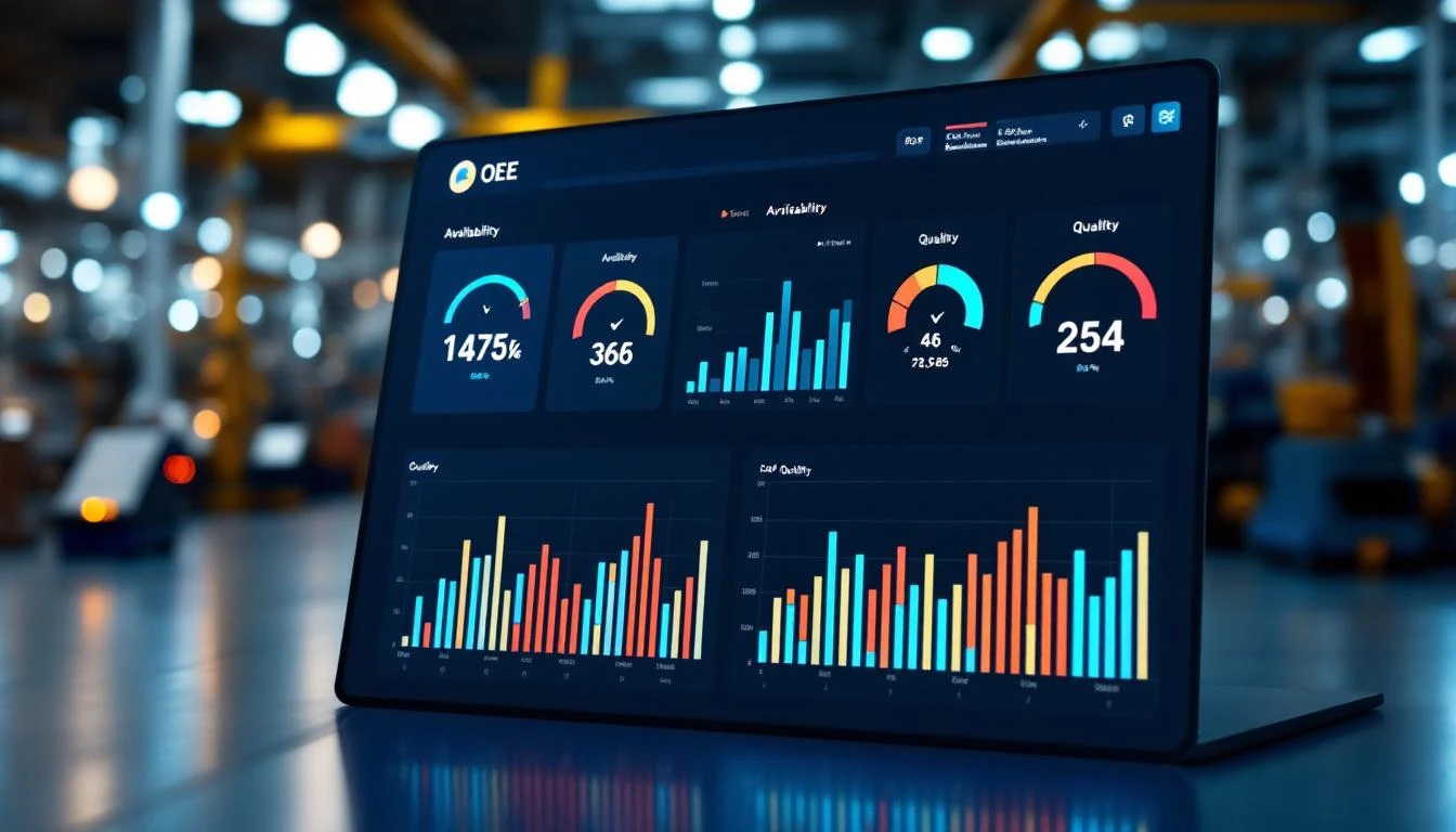 Industrial IoT dashboard showing OEE metrics with availability, performance, and quality gauges
