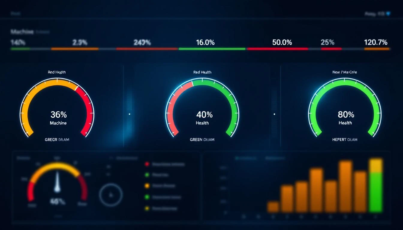 Machine health scoring dashboard with gauges and health indicators