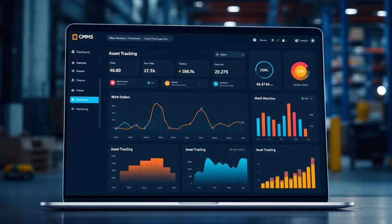 CMMS maintenance management dashboard showing work orders and asset tracking in industrial setting