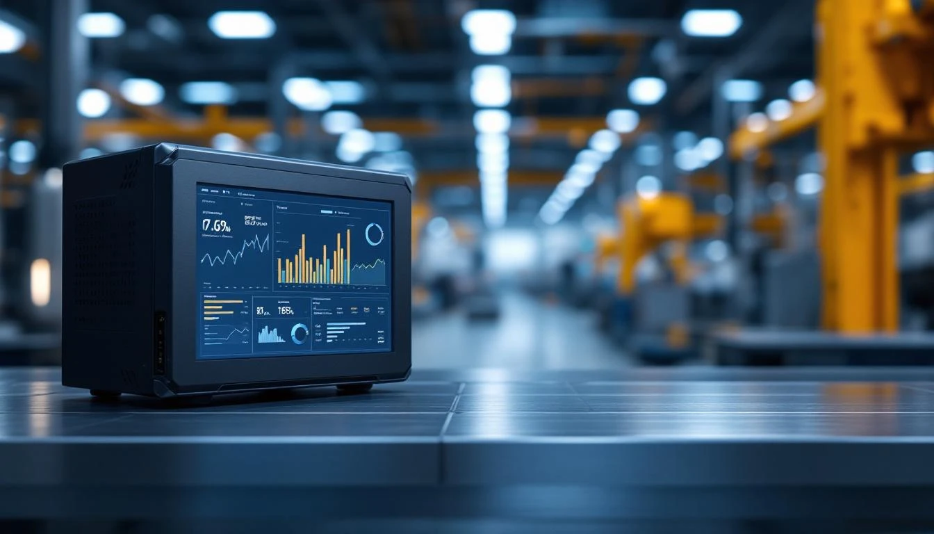 Industrial IoT edge computing device connected to PLC on factory floor with real-time data streaming