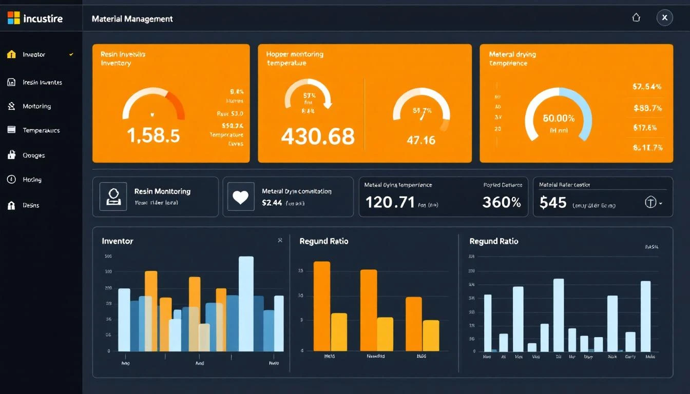 Material tracking dashboard showing resin inventory, hopper levels, drying compliance, and regrind ratios
