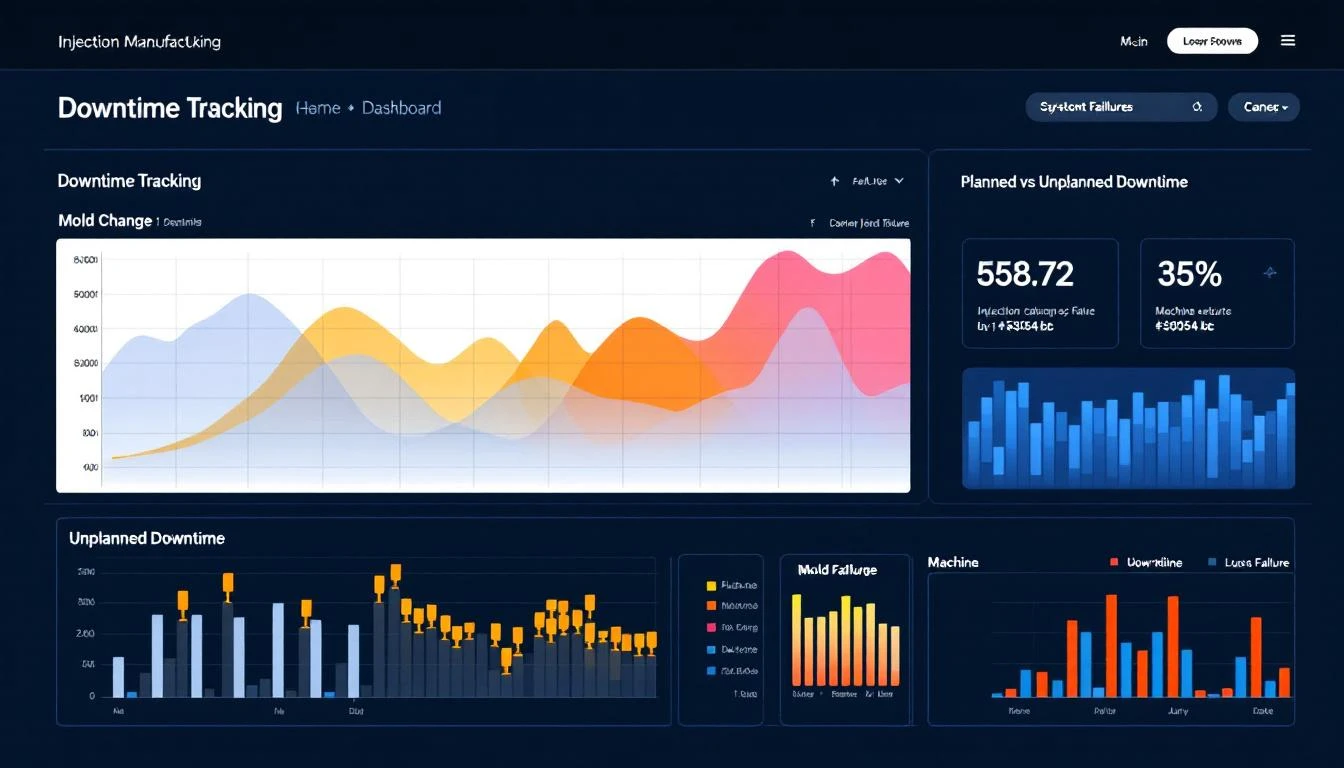 Downtime tracking dashboard for plastics manufacturing showing planned vs unplanned events