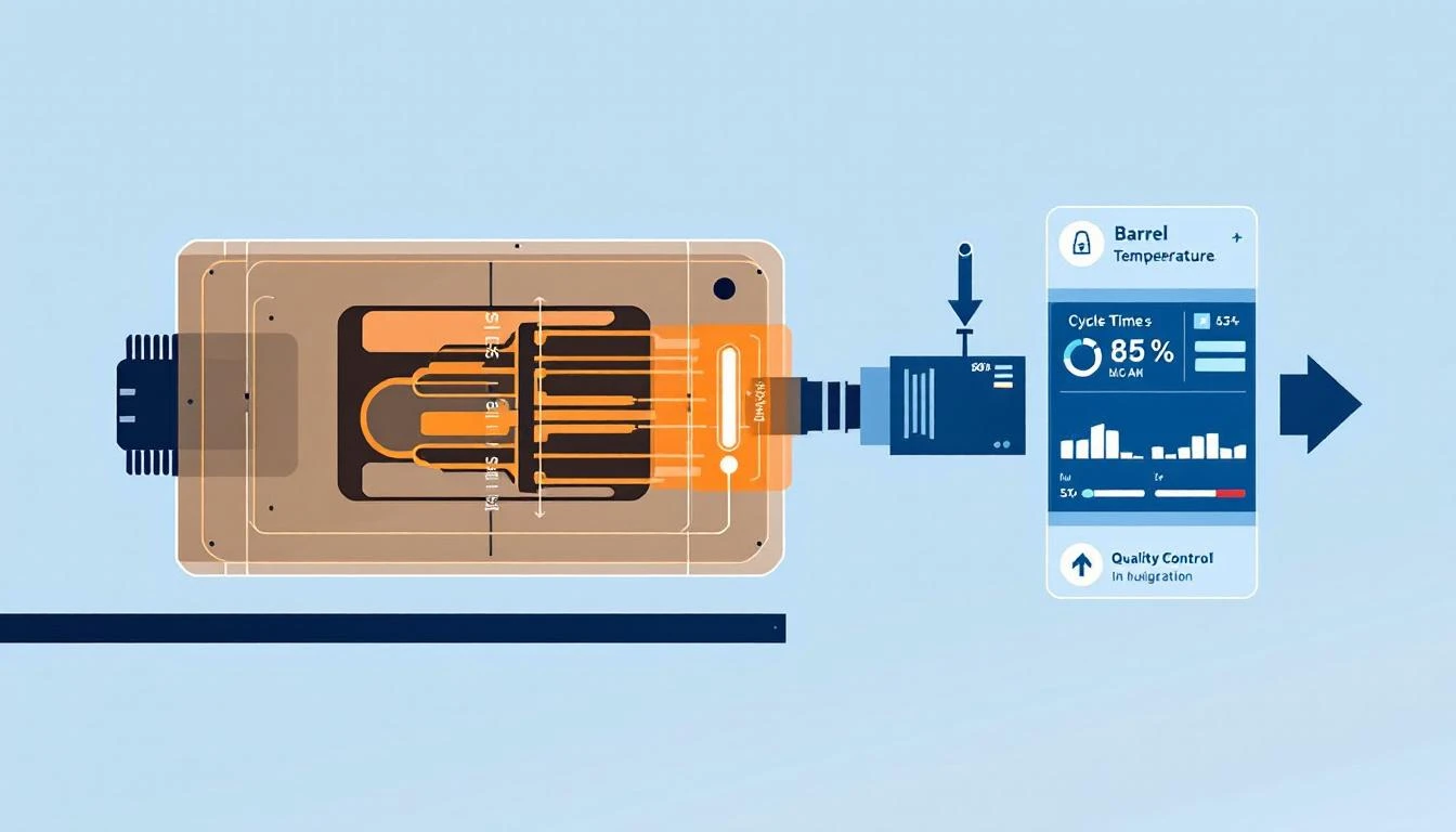 Process monitoring diagram showing sensor data flow from injection molding machine to analytics platform