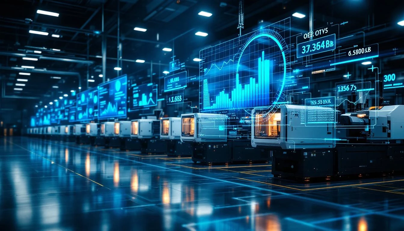 Injection molding floor with digital OEE monitoring overlay