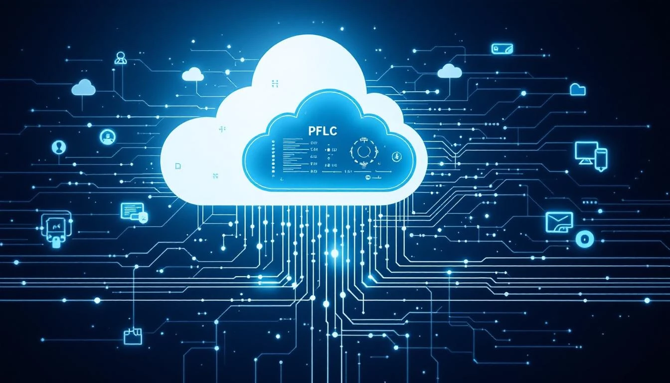 PLC controller connected to cloud network with industrial data flowing