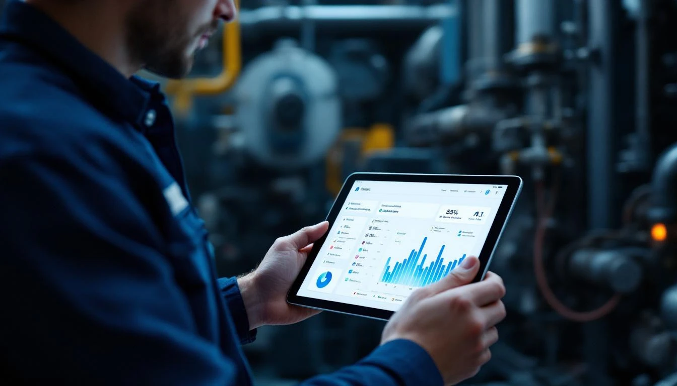 Maintenance engineer using AI-powered predictive maintenance on a tablet