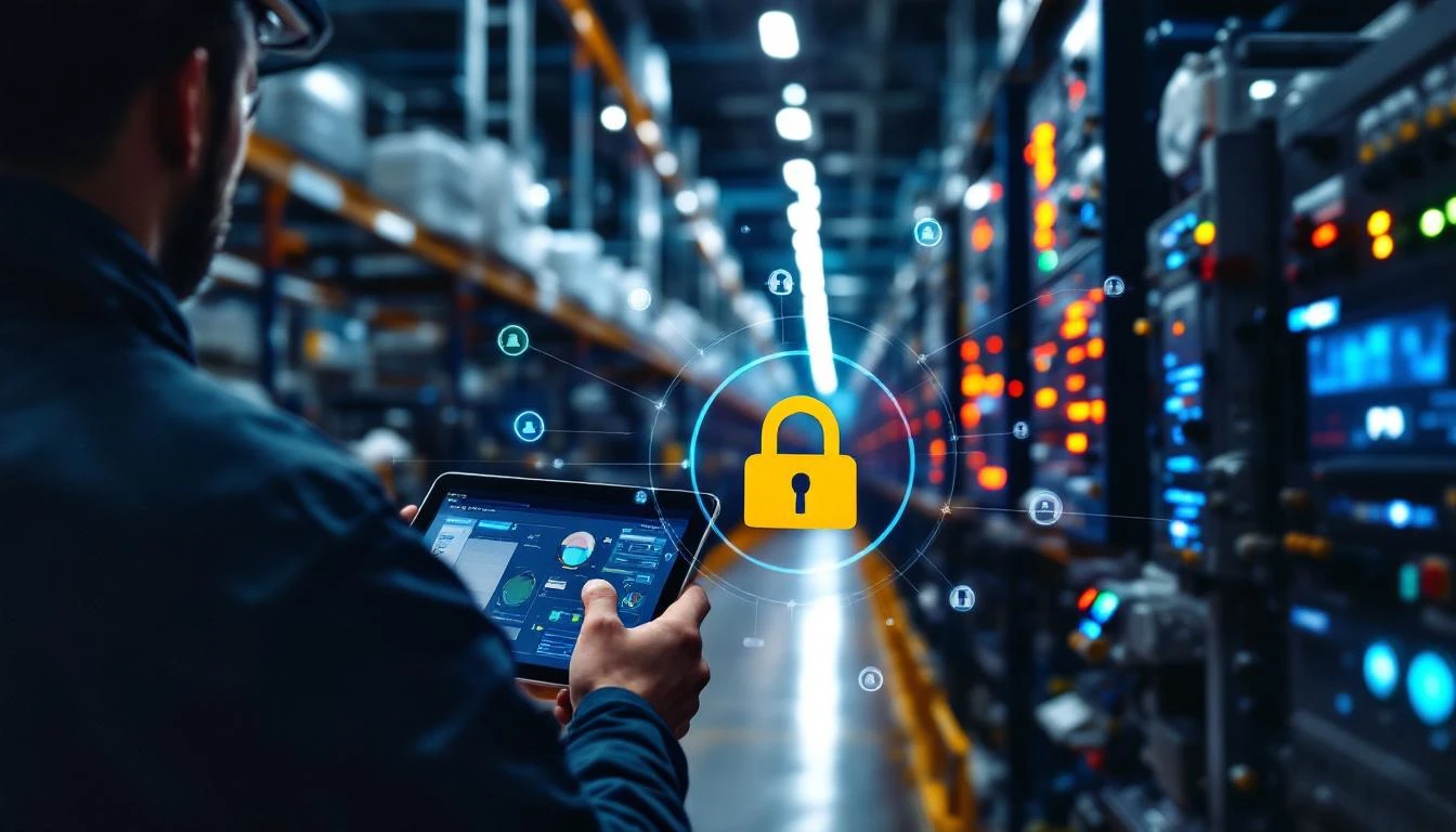 Engineer using tablet for remote PLC diagnostics on factory floor