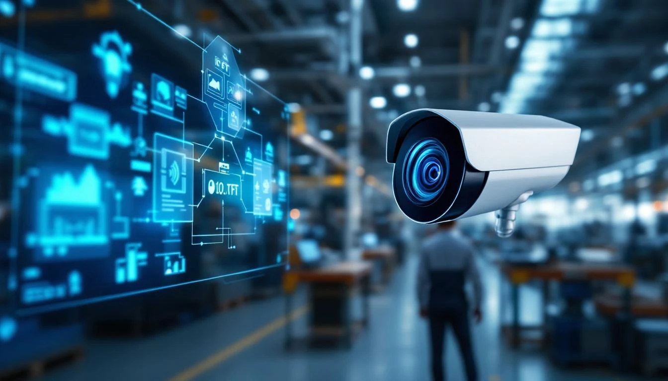 Industrial surveillance integrated with IoT sensors on factory floor