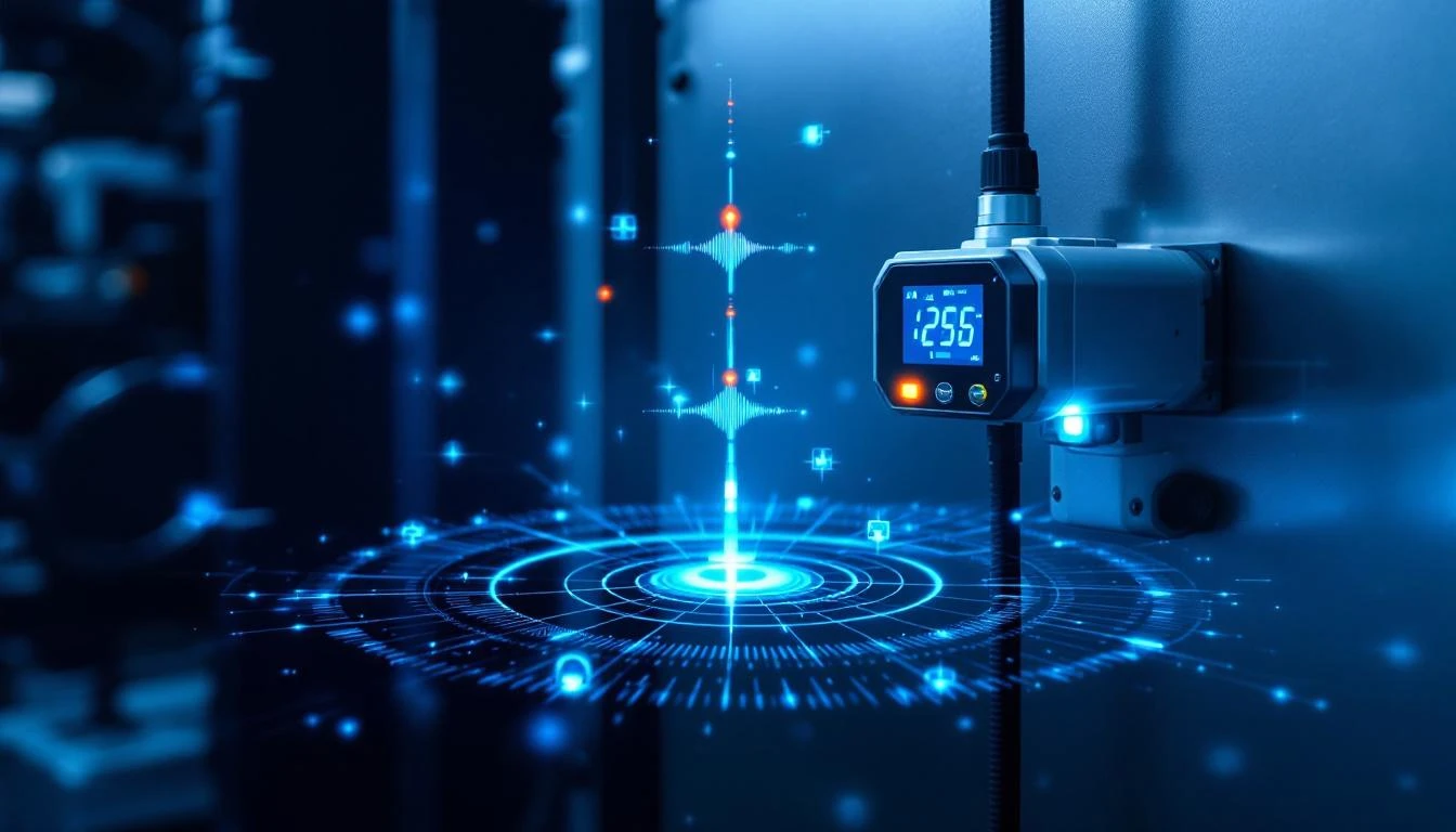 Industrial vibration sensor mounted on manufacturing equipment with wireless signal overlays