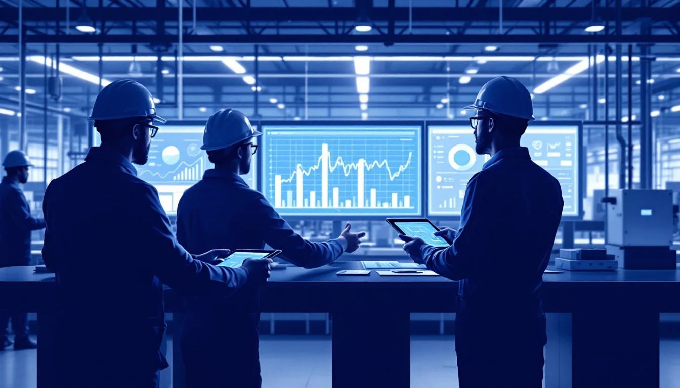 Shift handover scene with digital tablets showing production data