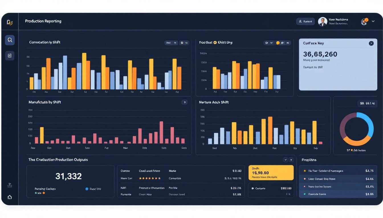 Shift-based production reporting dashboard showing manufacturing output comparison