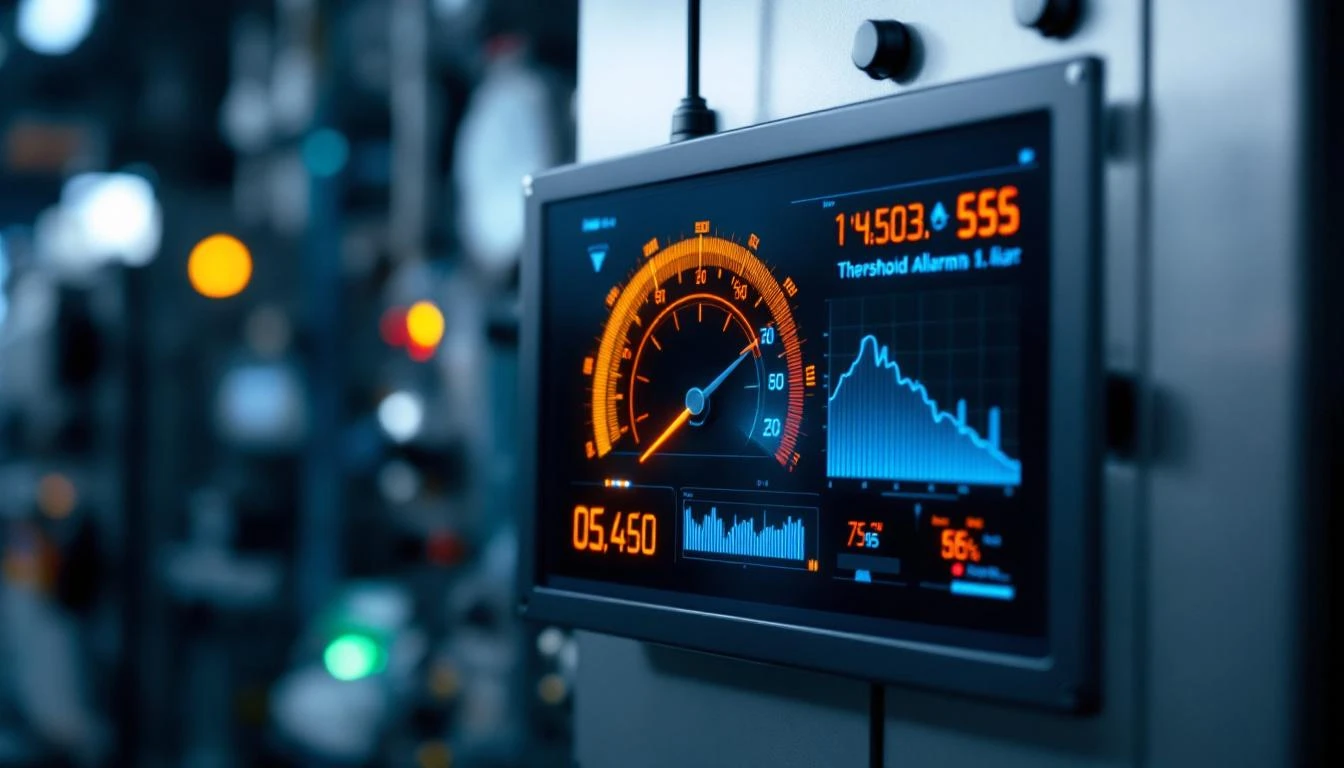 Industrial threshold alert notification system showing warning gauges and alarm indicators on equipment monitoring screen