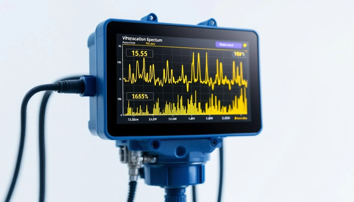 Vibration sensor on industrial motor bearing housing with frequency analysis